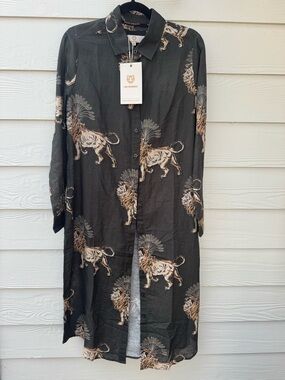 Las Sureñas NEW NWT grey Lion palms Print Long Shirt Dress LINEN COTTON Medium